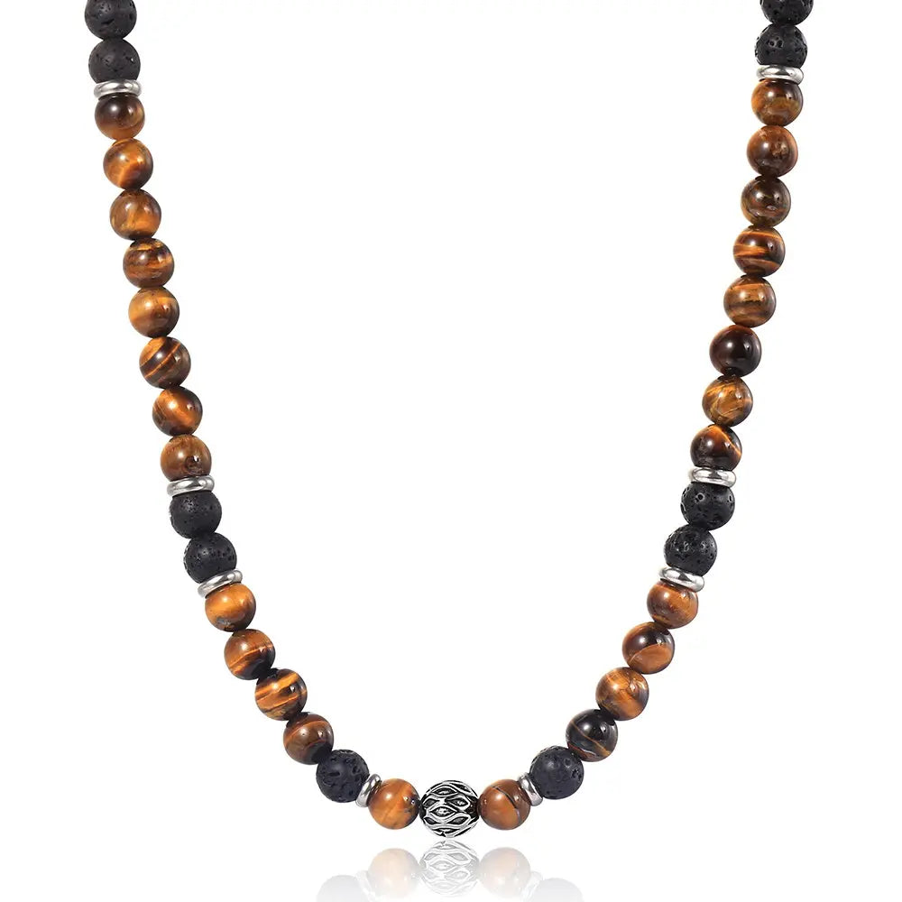 Natural Tiger’s Eye & Lava Stone Beaded Necklace