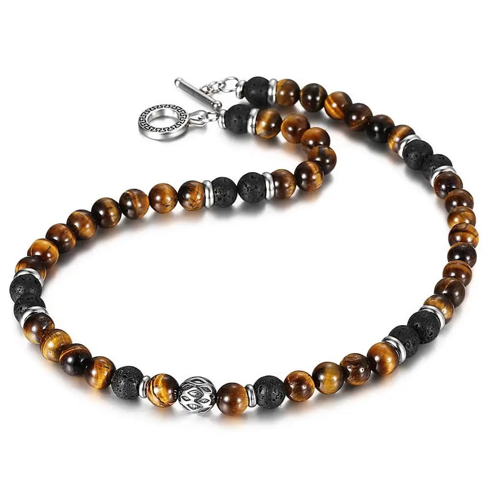 Natural Tiger’s Eye & Lava Stone Beaded Necklace