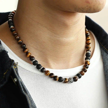 Natural Tiger’s Eye & Lava Stone Beaded Necklace