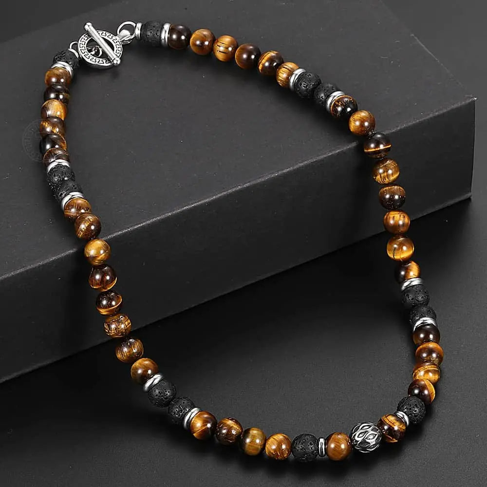 Natural Tiger’s Eye & Lava Stone Beaded Necklace