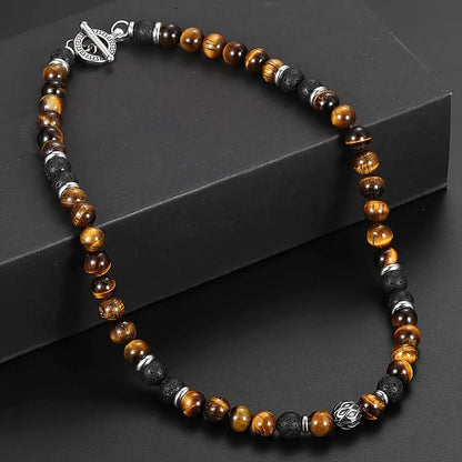 Natural Tiger’s Eye & Lava Stone Beaded Necklace