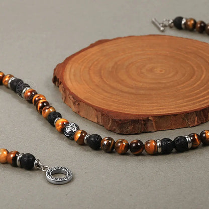Natural Tiger’s Eye & Lava Stone Beaded Necklace