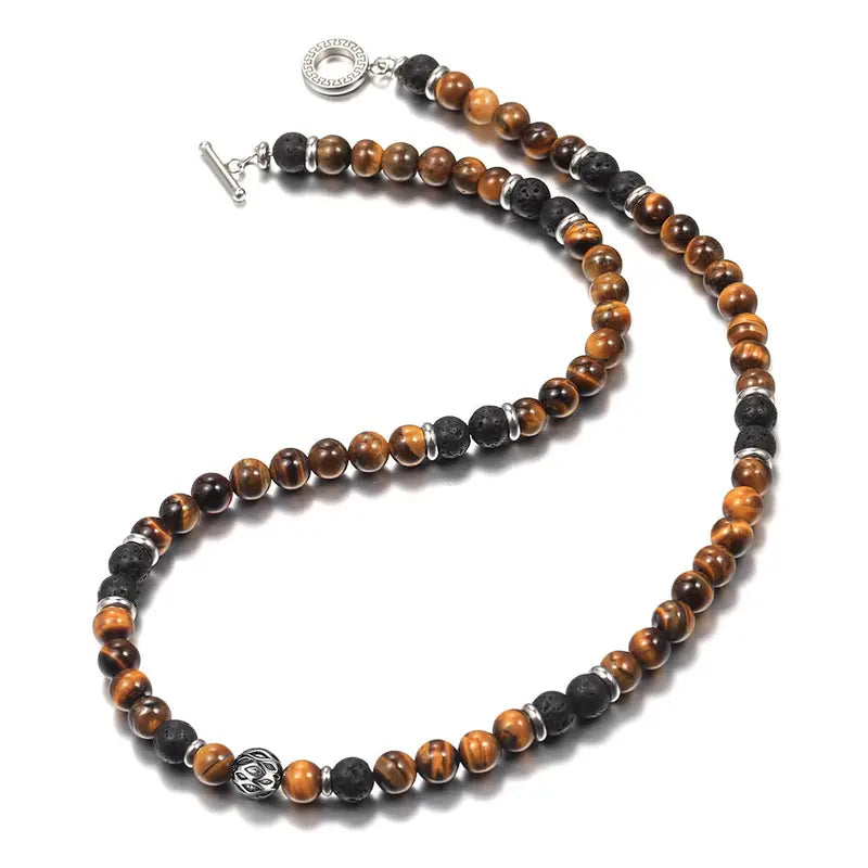 Natural Tiger’s Eye & Lava Stone Beaded Necklace